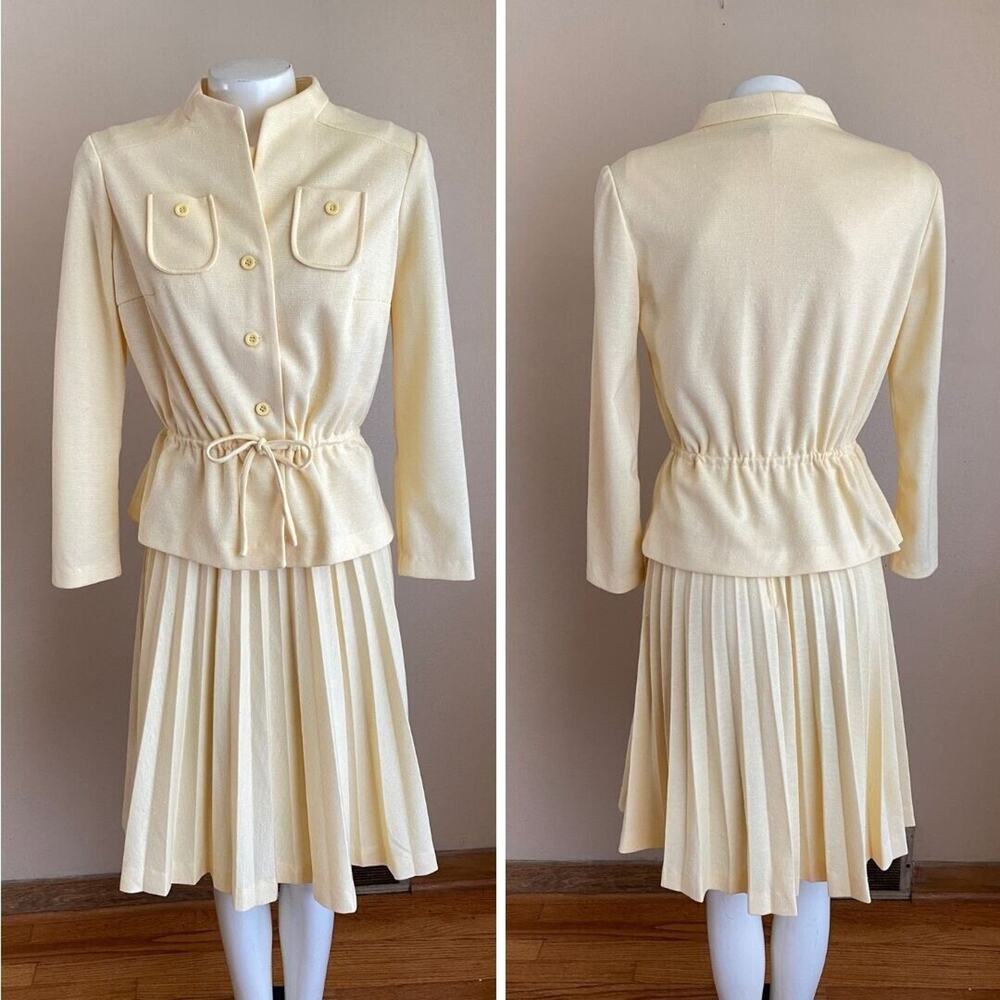 Vintage Size 14/Small Pleated Skirt Dress & Jacket Pale Yellow Textured 2pc Set
